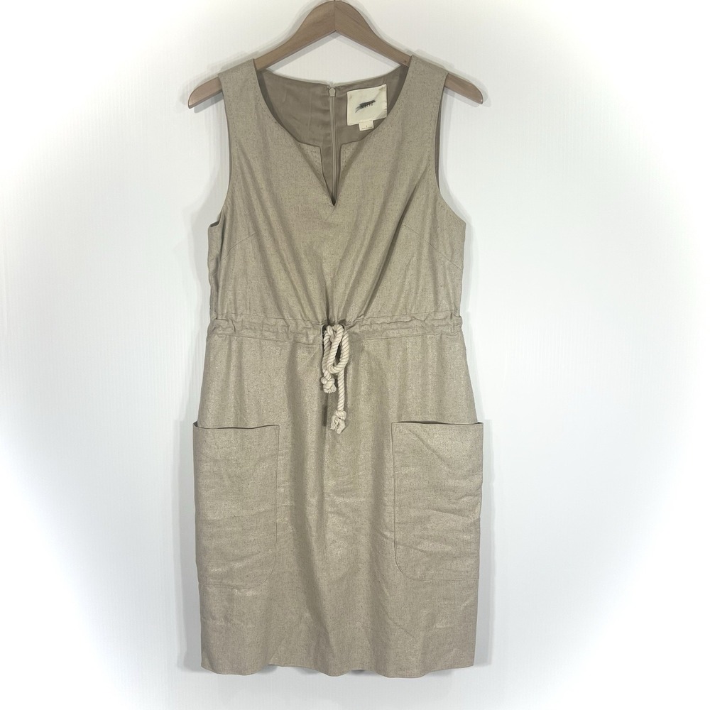 Anthropologie Maeve Flaxen Shimmer Linen Midi‎ Dress Size 8 Sleeveless Lined